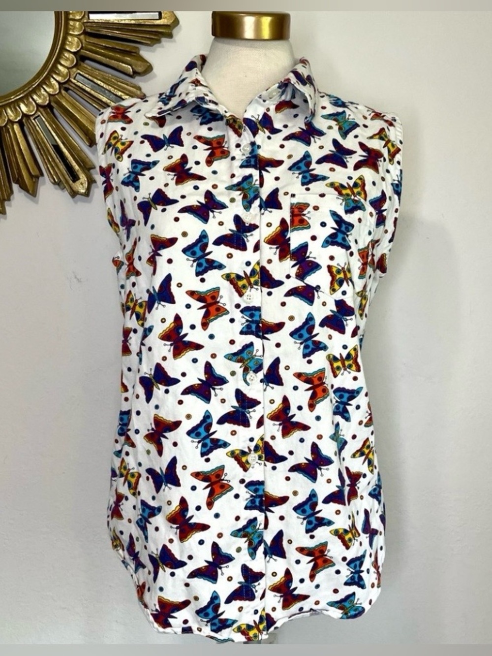 Vintage Butterfly Sleeveless Button Down Top Blue Attitude